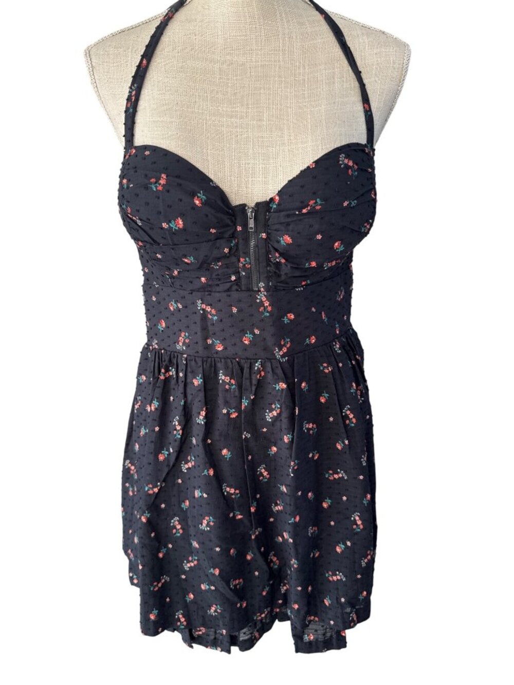 Guess Floral Halter Dress Black With Dotted Texture & Red Flowers Zip Back Size - Picture 1 of 11
